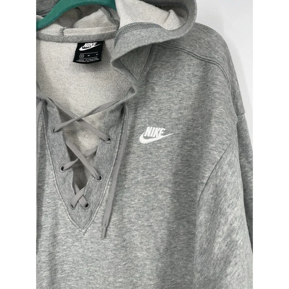 Nike Gray Pullover Lace Up Hooded Sweatshirt Hoodie Embroidered Medium